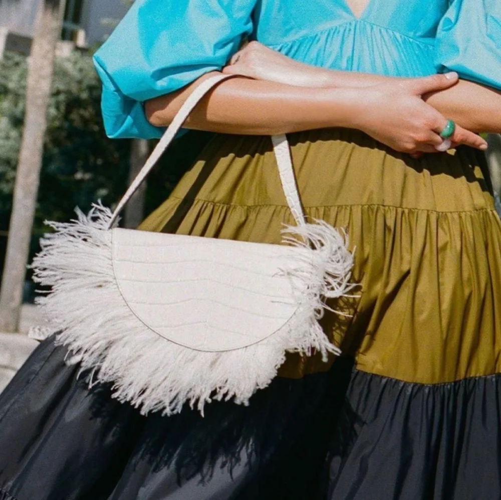 STAUD Meadow Color Block Puff Sleeve Tiered Maxi Dress Blue Black Olive Runway - Picture 9 of 13